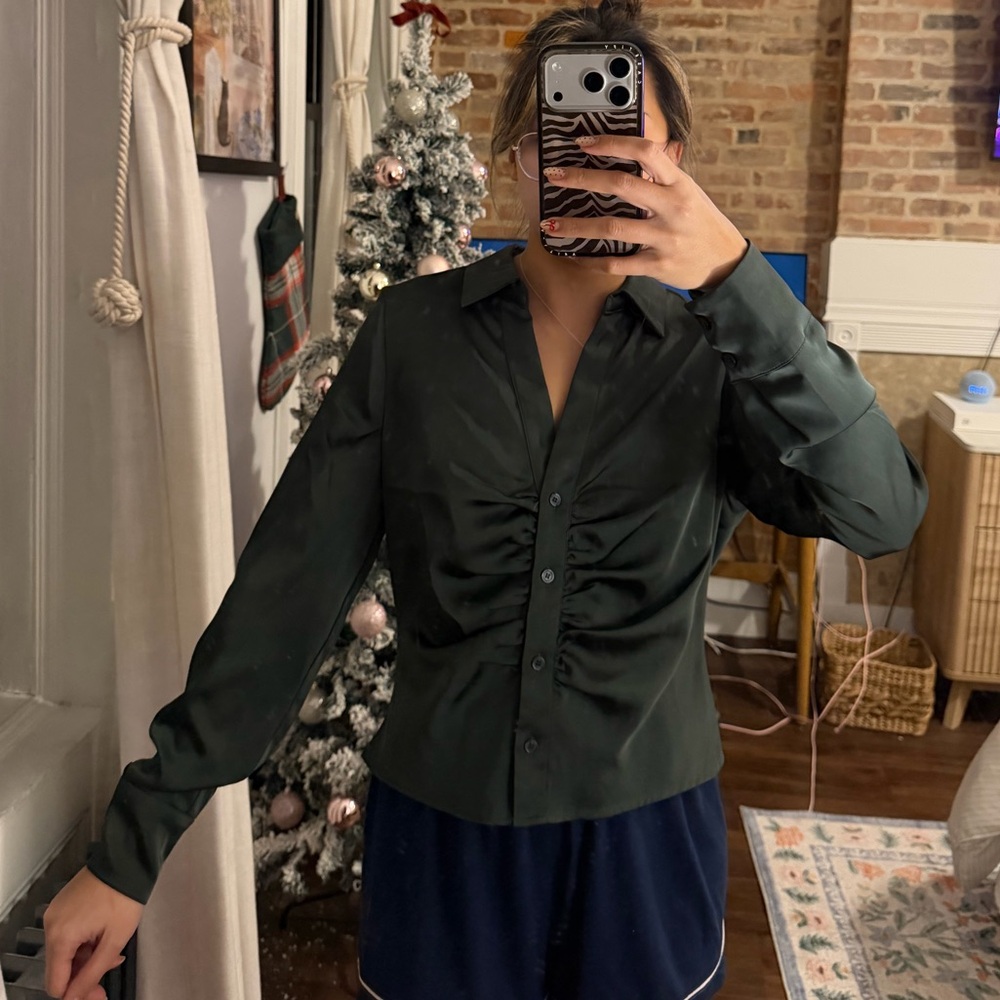 House of Harlow Deep Green Satin Blouse